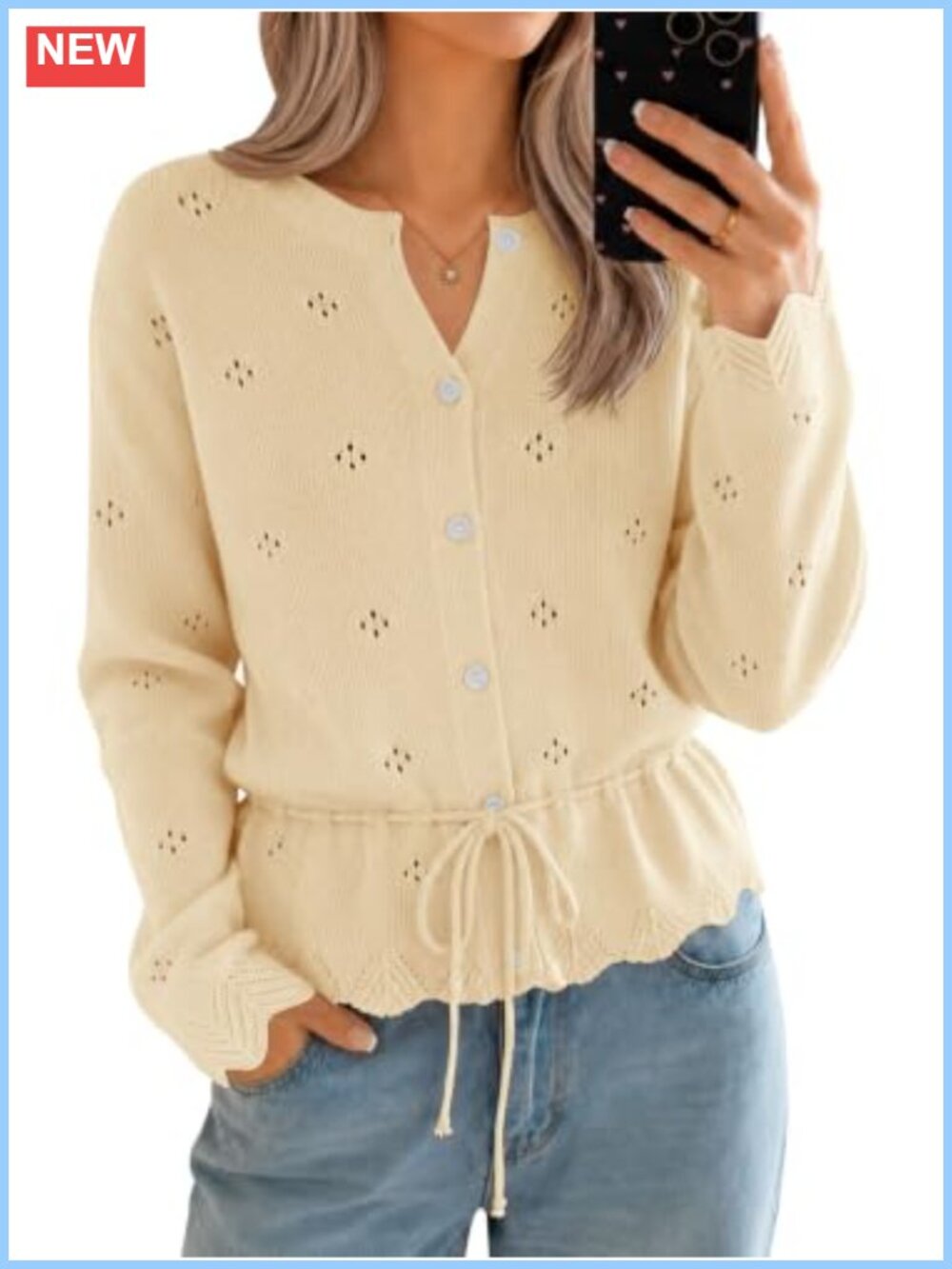 Crochet Knit Cardigan Long Sleeve Button Down Drawstring Tie Front Scalloped
